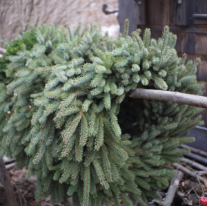 Homemade wreaths hanging on a rod