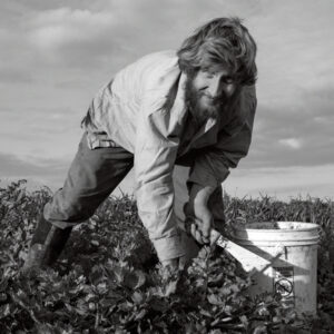 A man bending down weeding, looking up at the camera