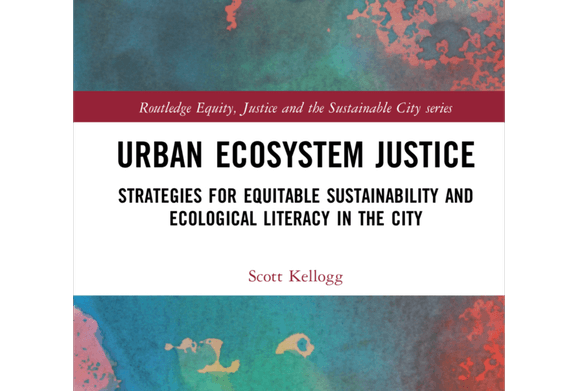 A book cover for Urban Ecosystem Justice with a turquoise and pink background