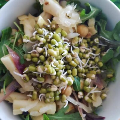 Sprouted mung beans on top of a salad