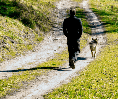 A man walking down a path with a dog ahead of him