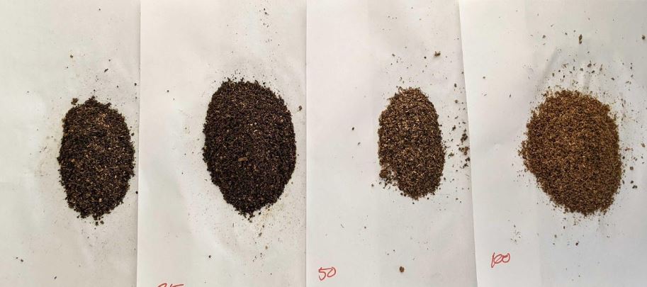 Variations in the SMS-Compost amendment piles after the 14 day inoculation period. Number on the bottom left of each paper refers to the percent SMS in each sample (10 = 10%, 25 = 25%, etc.)